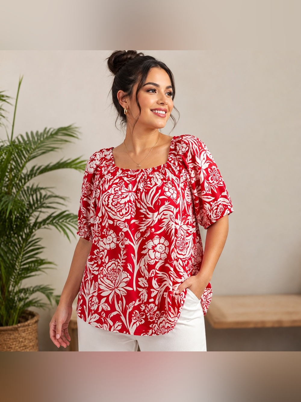 Knox Rose Red Floral Square Neck Puff Sleeve Blouse
